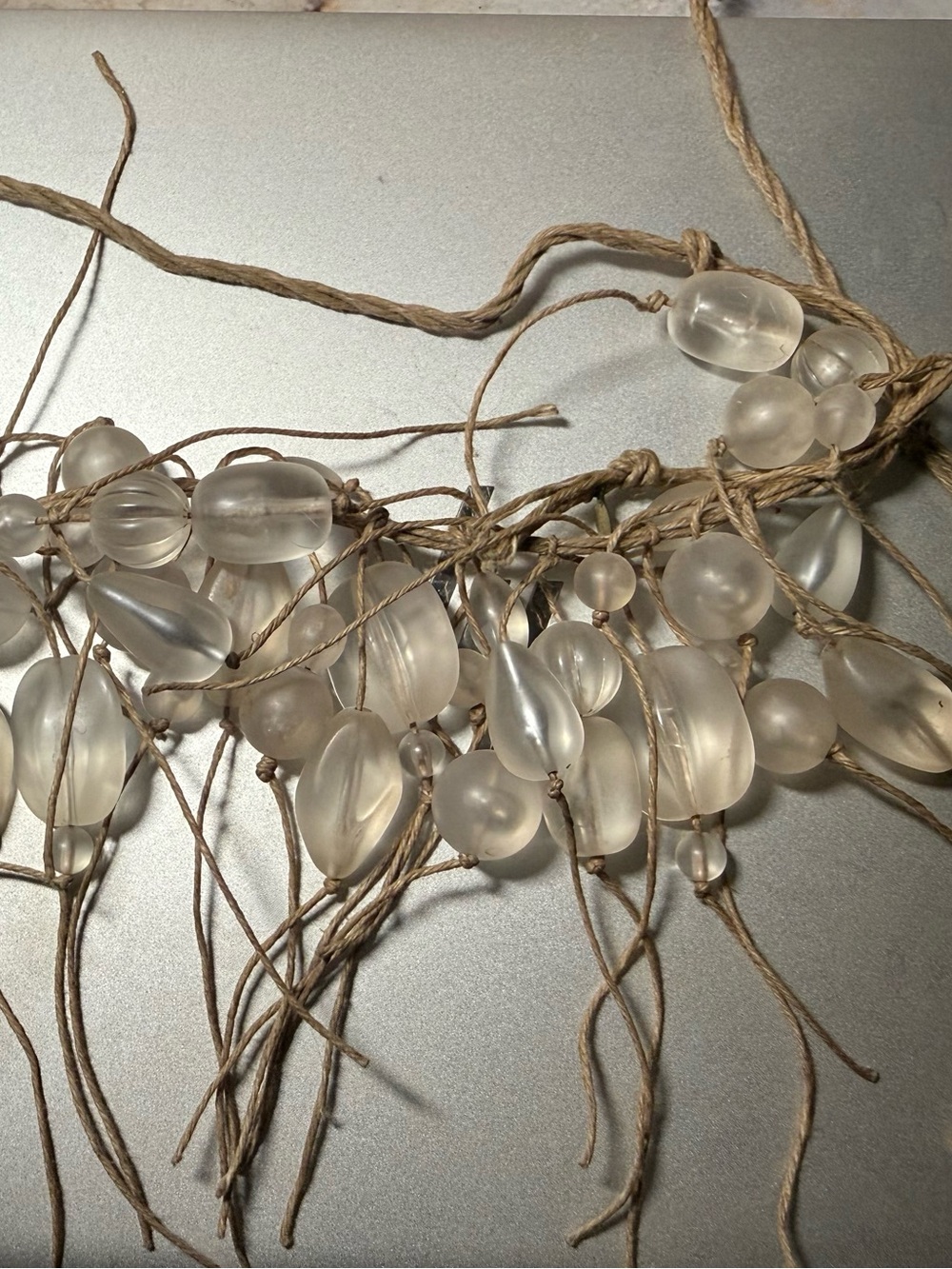 Handknotted frosted Glass Bead Fringe Necklace